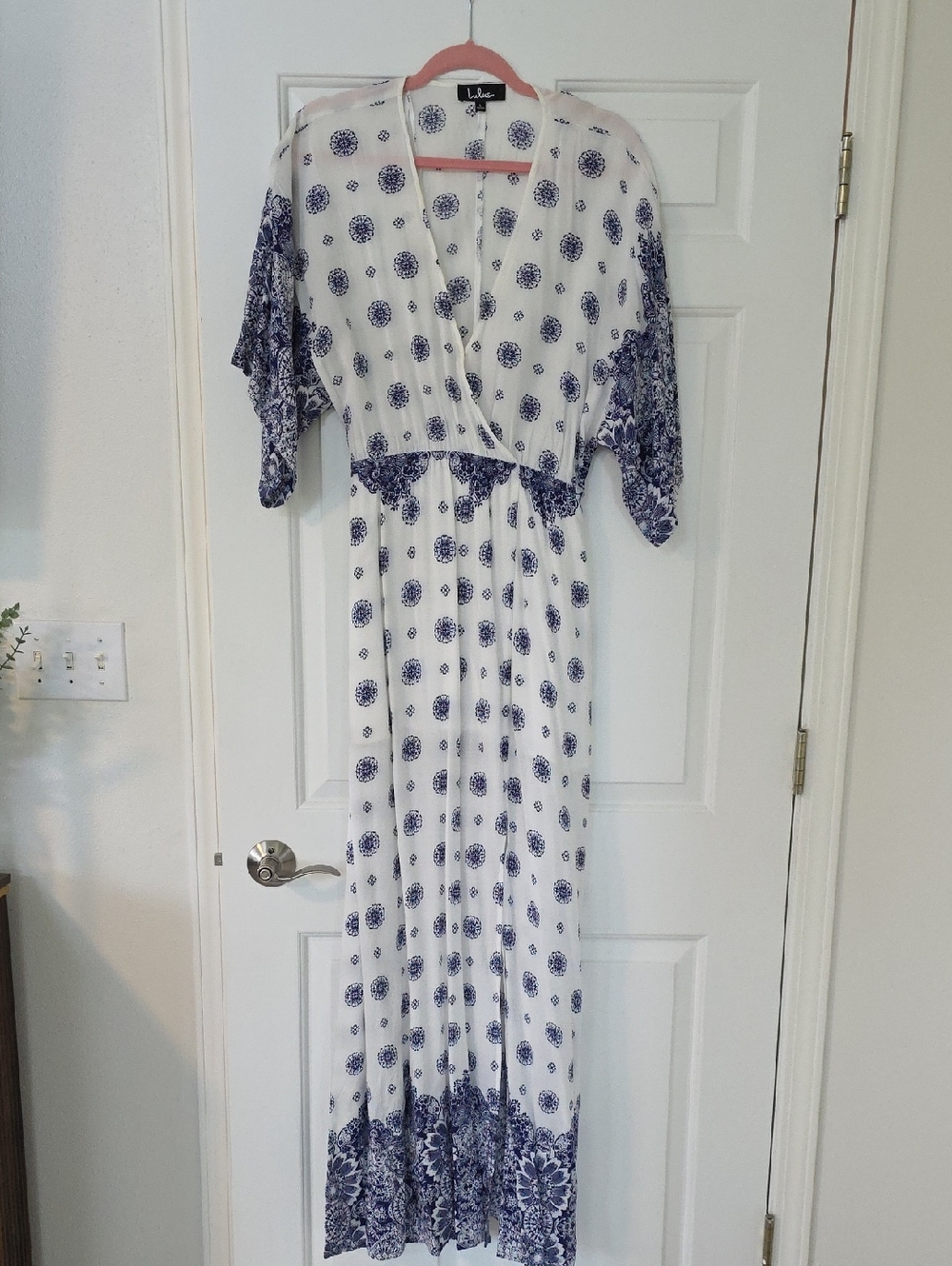 Lulu's White Maxi Dress with Navy Floral Print
